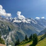 A scenic view of a mountain range with houses